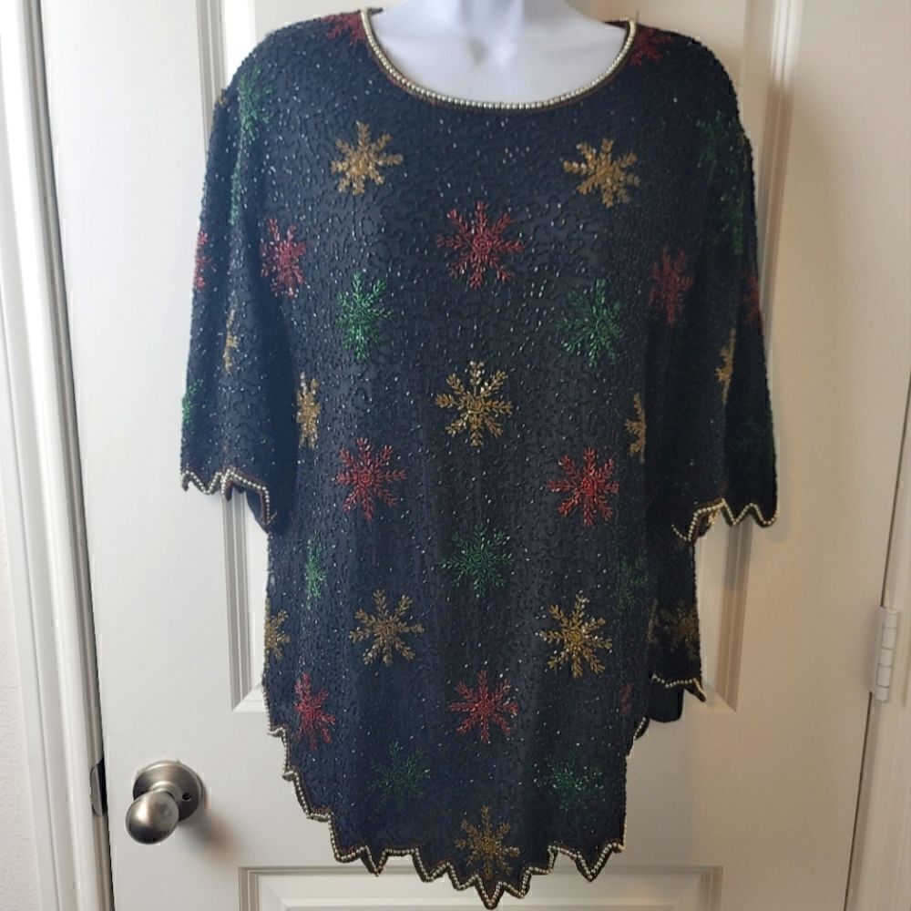 LAURENCE KAZAR Beaded Snowflake Blouse